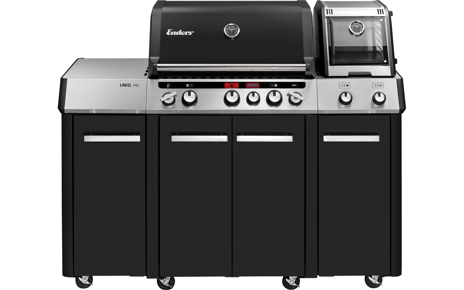 Moderner Gasgrill mit mehreren Brennern, Kontrollknöpfen und Seitenschrank