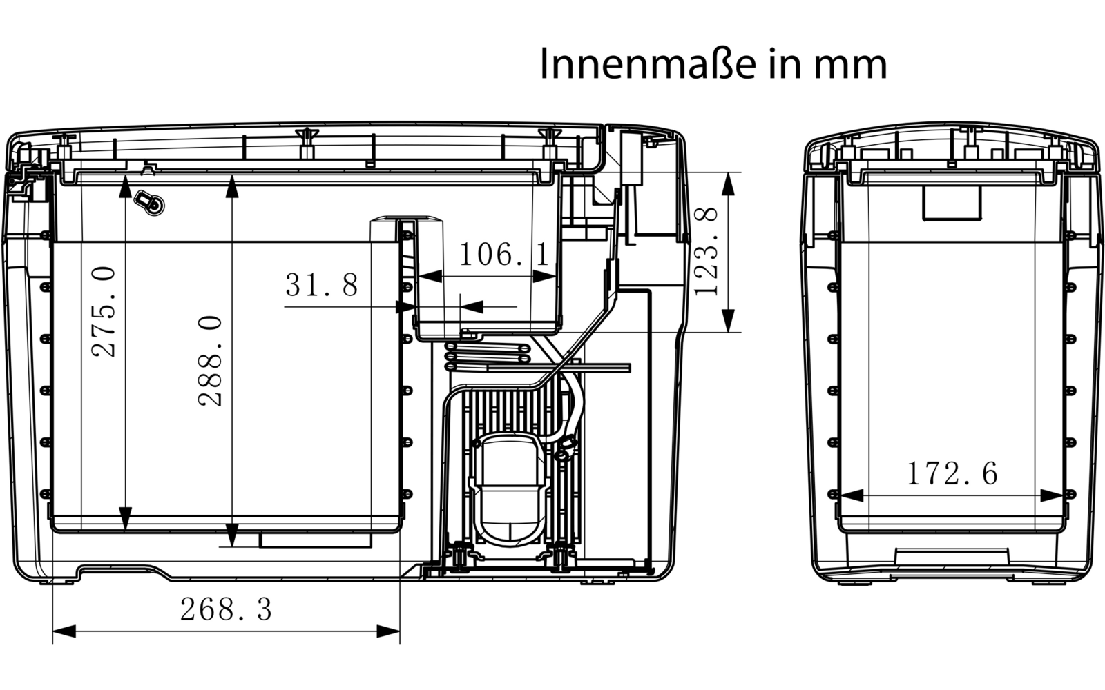 Technical drawing showing two sectional views of a rectangular object, visible label 'Innenmaße in mm' and dimension annotations (275.0, 288.0, 268.3, 31.8, 106.1, 123.8, 172.6 mm)
