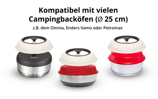 Oben deutscher Text „Kompatibel mit vielen Campingbacköfen (Ø 25 cm)“ und kleinere graue Zeile „z. B. dem Omnia, Enders Vamo oder Petromax“. Darunter drei runde Camping-Backöfen nebeneinander mit cremefarbenen Deckeln und schwarzen Griffen; von links