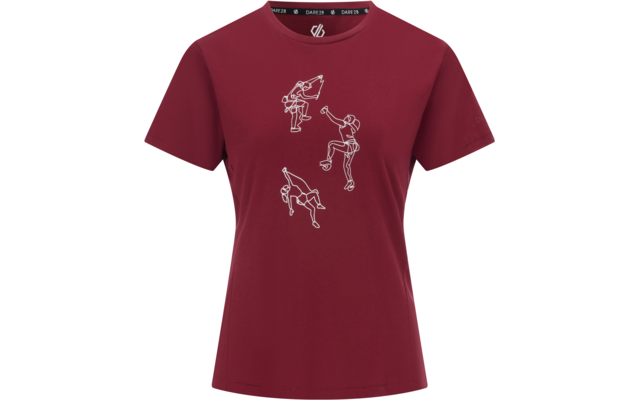 Weinrotes T-Shirt mit kurzen Ärmeln und drei weißen Umrissfiguren in verschiedenen Posen auf der Vorderseite