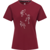Weinrotes T-Shirt mit kurzen Ärmeln und drei weißen Umrissfiguren in verschiedenen Posen auf der Vorderseite