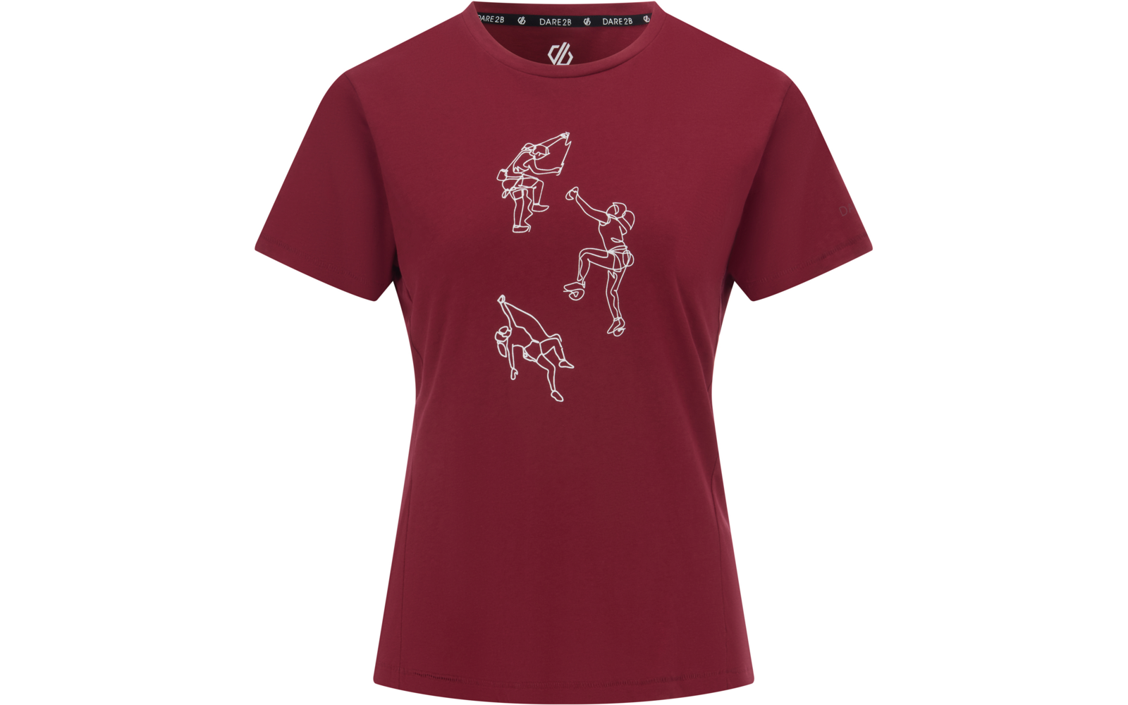 Weinrotes T-Shirt mit kurzen Ärmeln und drei weißen Umrissfiguren in verschiedenen Posen auf der Vorderseite
