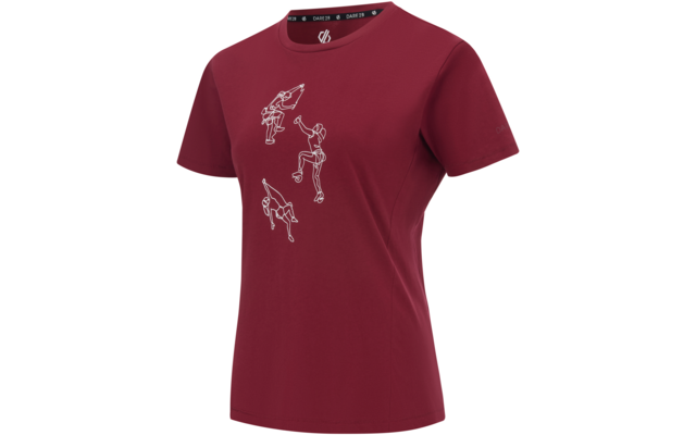 Tailliertes kurzärmeliges bordeauxfarbenes T‑Shirt mit Rundhalsausschnitt und weißen Linienzeichnungen von drei menschlichen Figuren in verschiedenen Posen auf der Vorderseite