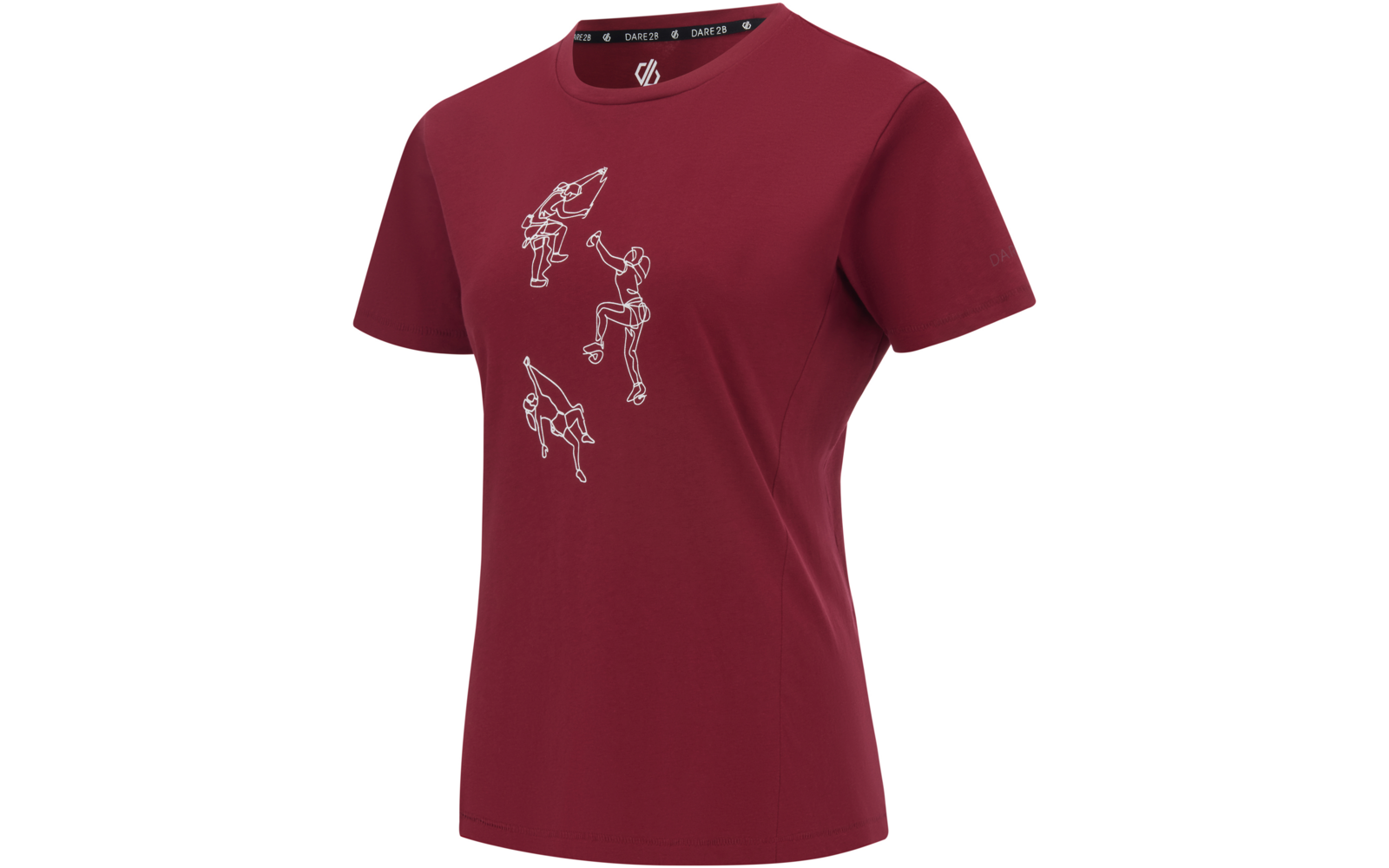 Tailliertes kurzärmeliges bordeauxfarbenes T‑Shirt mit Rundhalsausschnitt und weißen Linienzeichnungen von drei menschlichen Figuren in verschiedenen Posen auf der Vorderseite