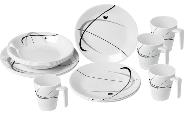 Weißes Geschirrset mit Tellern, Tassen und Schalen, dekoriert mit schwarzen und grauen Linien