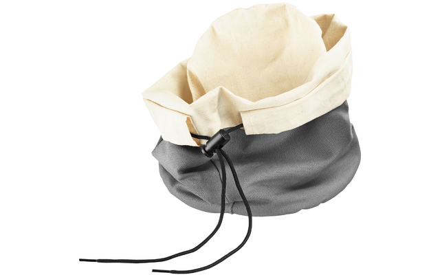 Open round fabric pouch with light-colored interior and gray exterior, black drawstring with plastic toggle