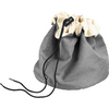 gray fabric drawstring pouch with beige lining and black cords, top gathered