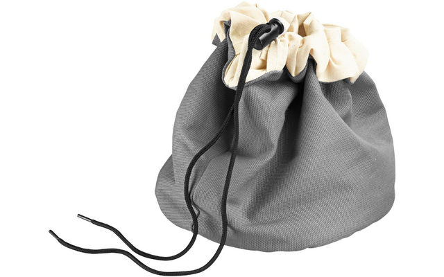 gray fabric drawstring pouch with beige lining and black cords, top gathered