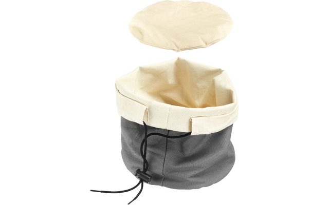 Gray fabric pouch with beige folded rim, black drawstring with cord lock; round beige cover placed above