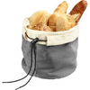Gray fabric bag with beige lining filled with baked goods: round rolls, a sesame roll, a croissant, and a pretzel stick