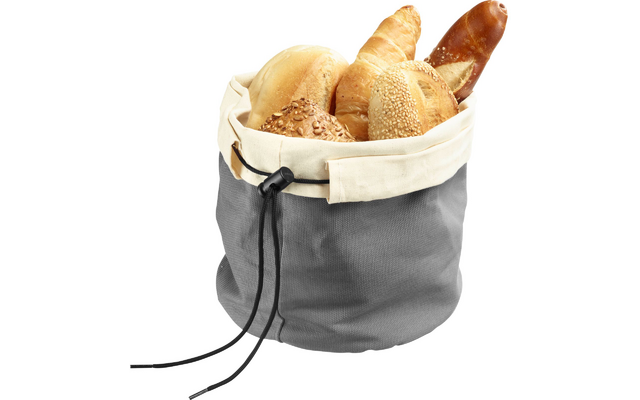 Gray fabric bag with beige lining filled with baked goods: round rolls, a sesame roll, a croissant, and a pretzel stick