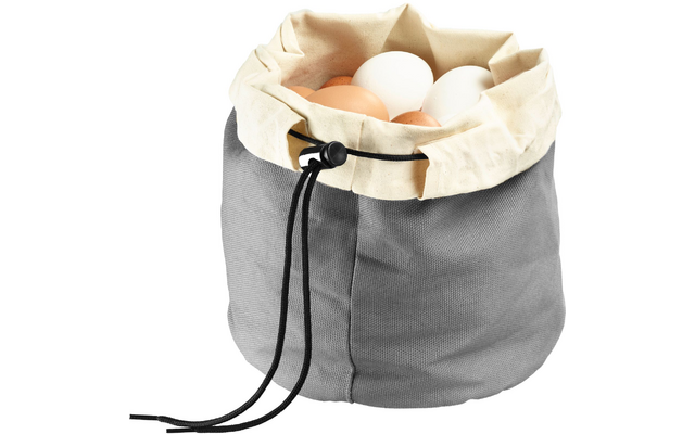 Gray fabric drawstring pouch with folded light rim holding white and brown eggs, black cord with stopper