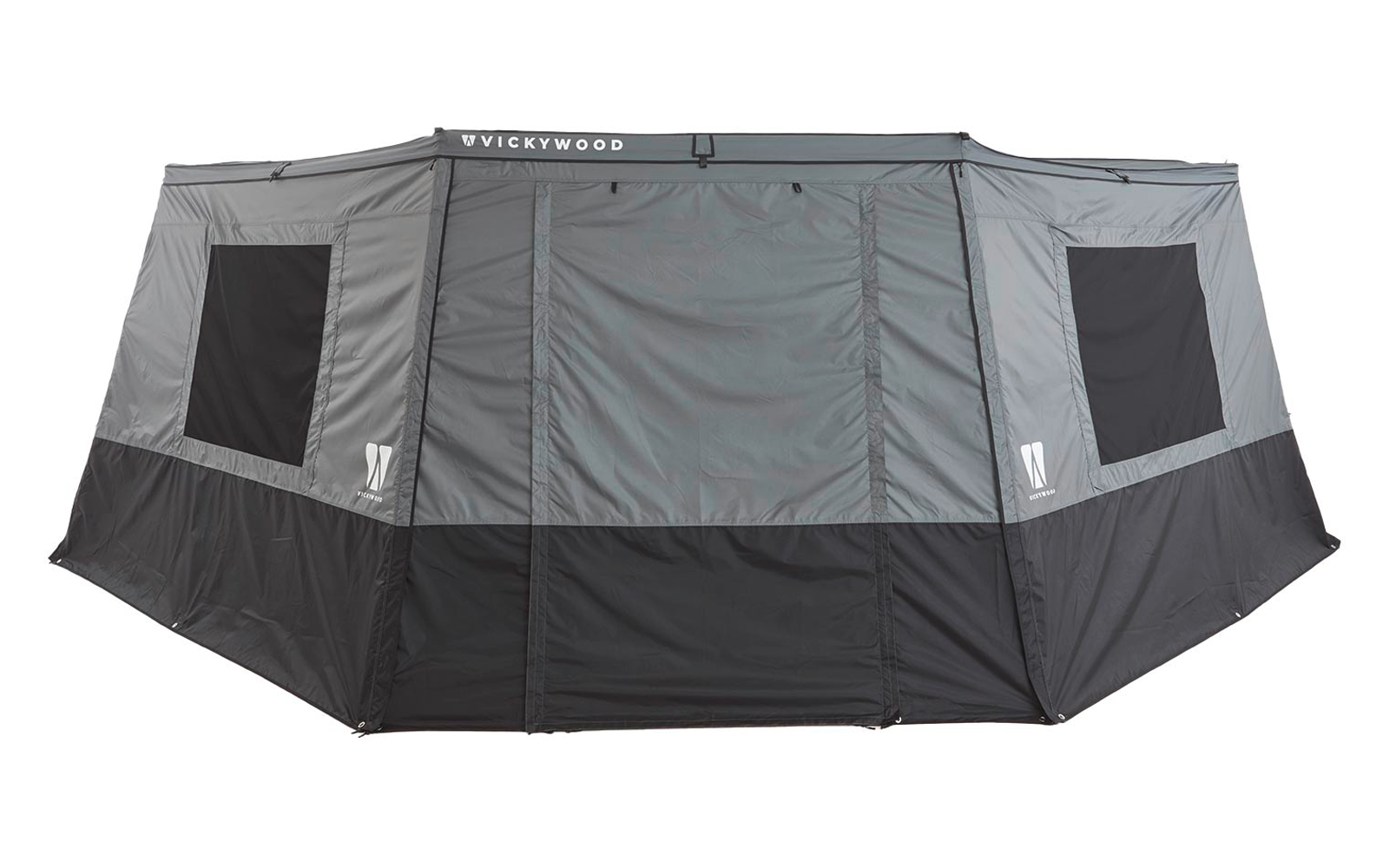 Grau-schwarze textile Konstruktion mit fünf vertikalen Paneelen, rechteckige schwarze Einsätze an den Seiten, kleines 'VICKYWOOD'-Logo oben mittig
