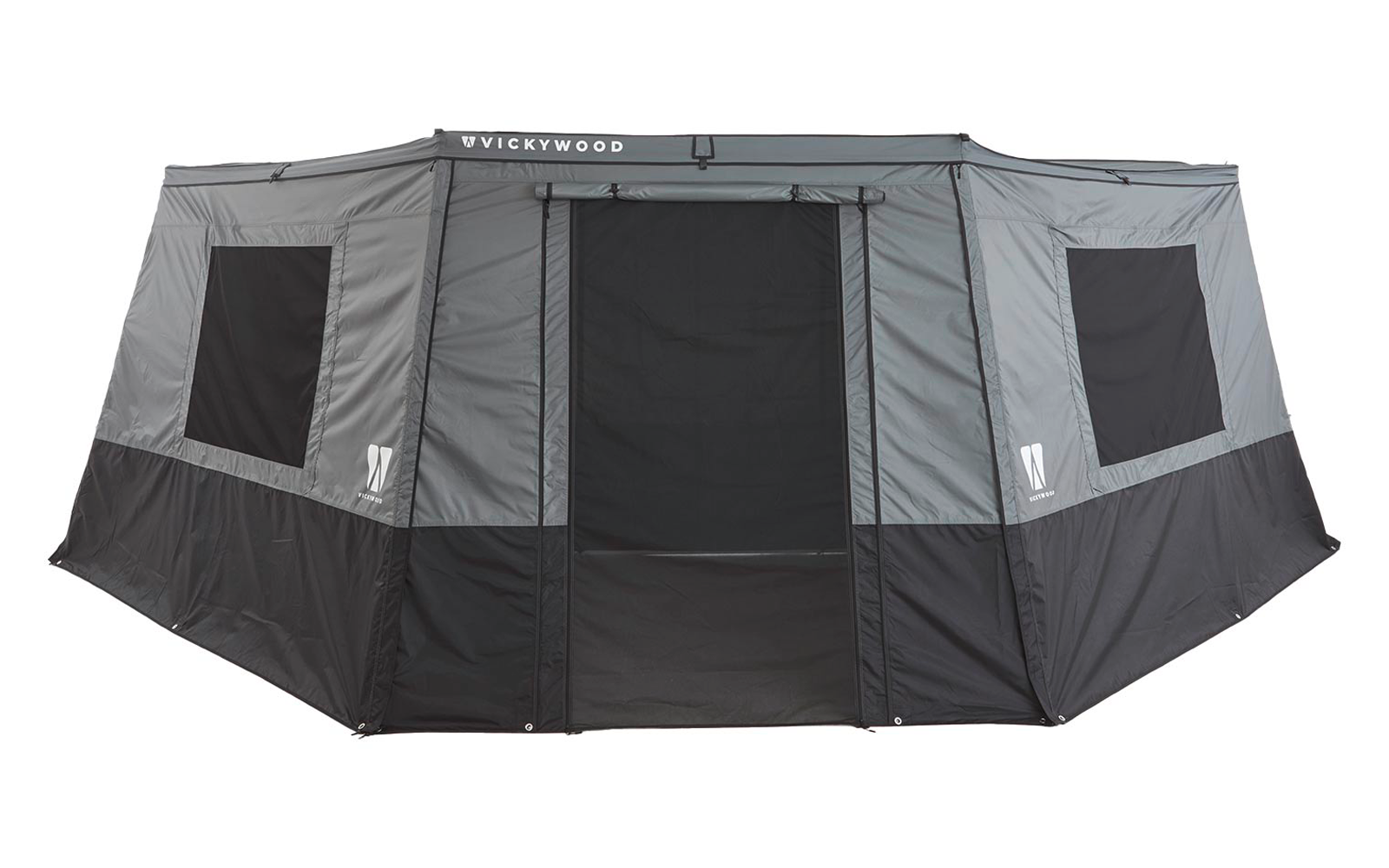 Graue und schwarze Stoffverkleidung mit zentraler Reißverschlusstür mit Moskitonetz und je einem Fenster links und rechts, Markenname VICKYWOOD oben mittig