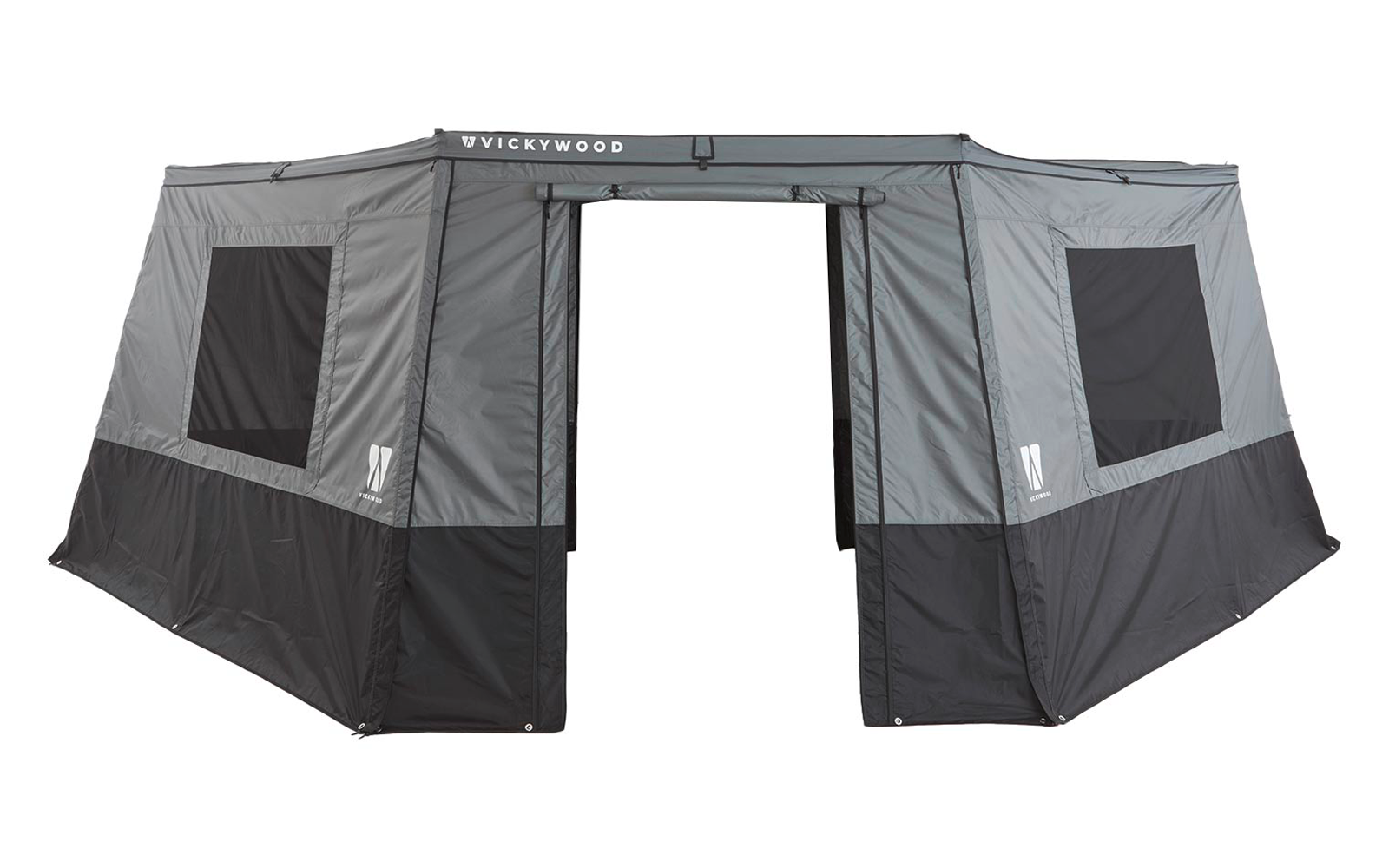 Graues Zelt mit mittiger offener Tür, zwei rechteckigen Fenstern an den Seiten und Schriftzug VICKYWOOD am oberen Rand