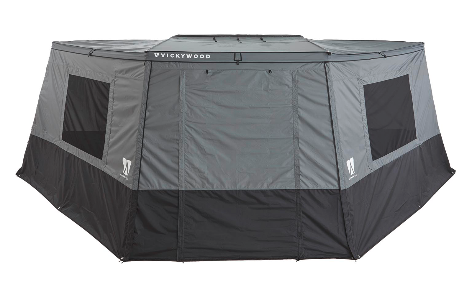 Grau-schwarzes sechseckiges Zelt mit geschlossener mittiger Vorderklappe, mehreren rechteckigen Fenstern und sichtbarem Schriftzug "VICKYWOOD" oben