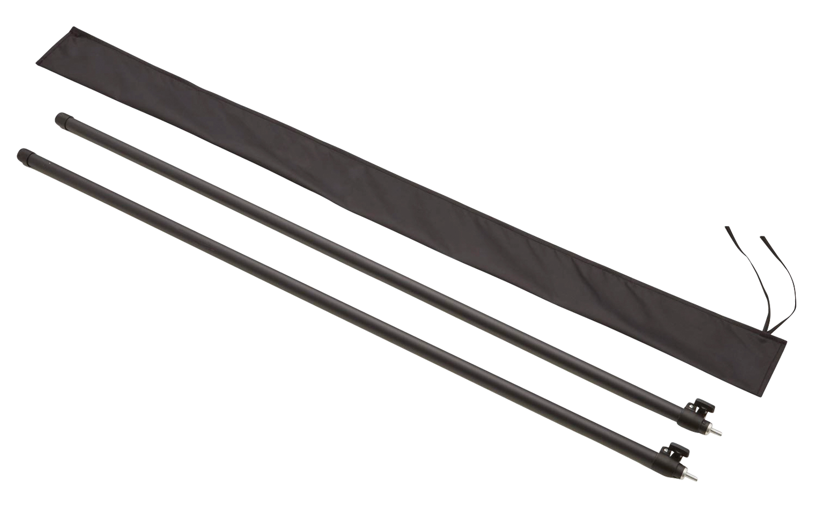 Zwei schwarze Metallstangen mit Klemmen an einem Ende neben einer schwarzen Stofftasche mit Kordel