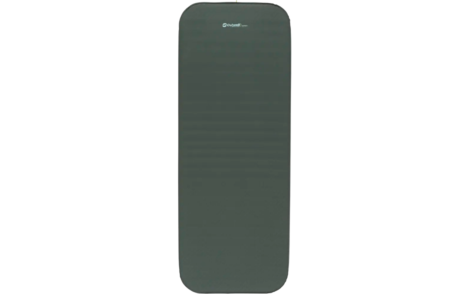 Donkergroene opblaasbare slaapmat met rechte randen en een logo bovenaan