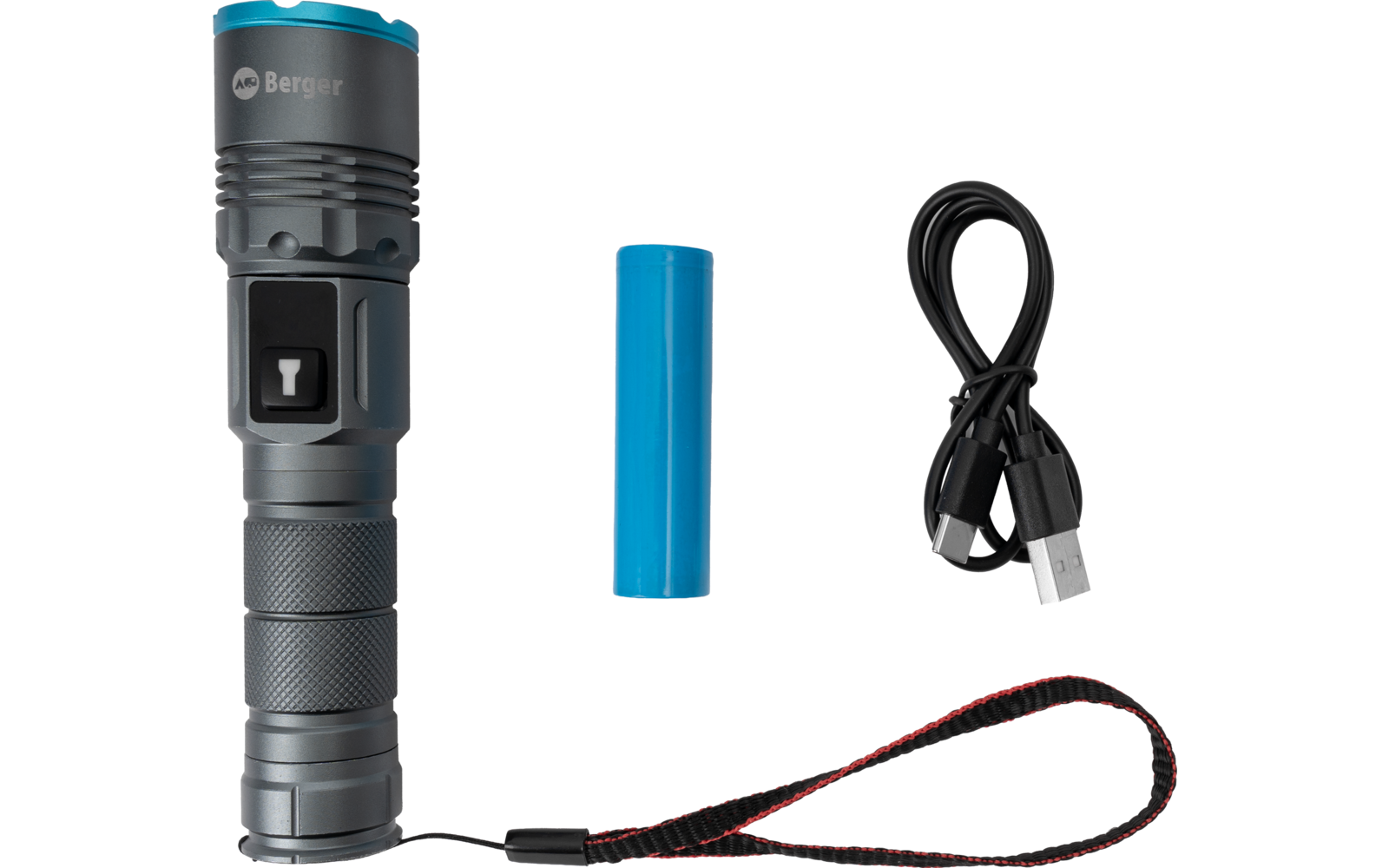 Linterna, batería cilíndrica azul, cable USB de carga y correa de muñeca sobre fondo blanco