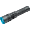 Linterna portátil gris oscuro con empuñadura texturizada, puerto USB lateral bajo tapa y reflector azul
