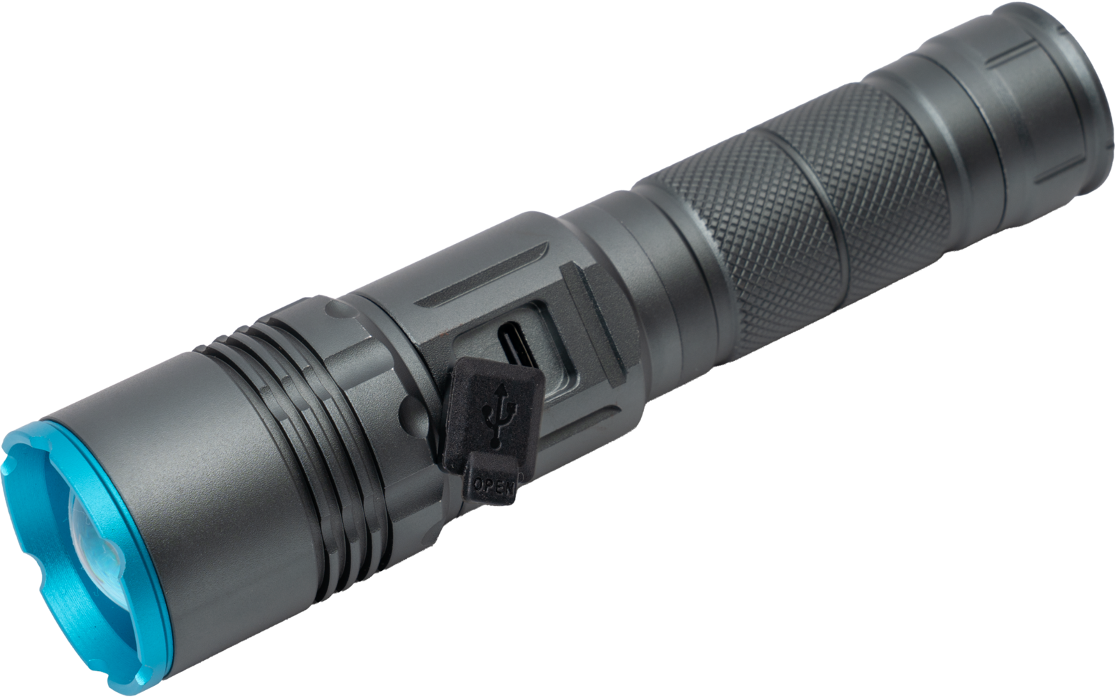 Linterna portátil gris oscuro con empuñadura texturizada, puerto USB lateral bajo tapa y reflector azul