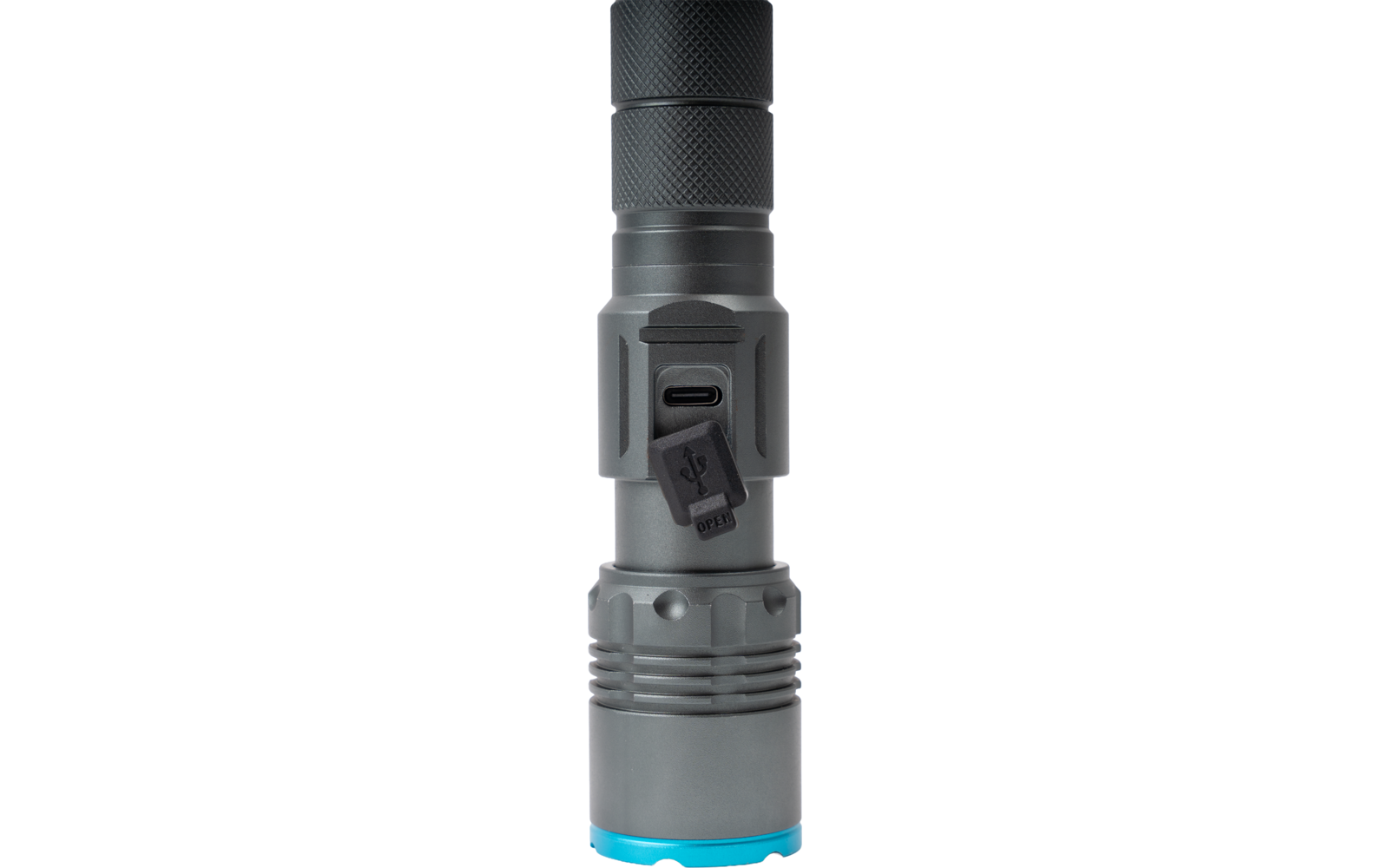 Dispositivo cilíndrico gris con superficie texturizada, puerto USB-C con tapa de goma y borde azul en la base