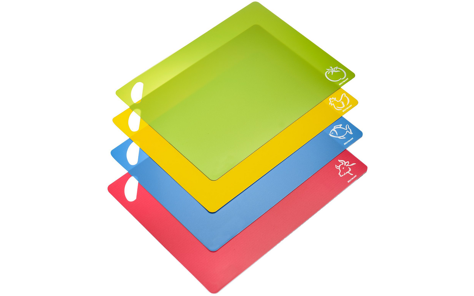 Four offset rectangular cutting boards in green, yellow, blue and red, each with rounded corners, a handle hole on the left and a white food symbol at the top right