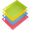 Four offset rectangular cutting boards in green, yellow, blue and red, each with rounded corners, a handle hole on the left and a white food symbol at the top right