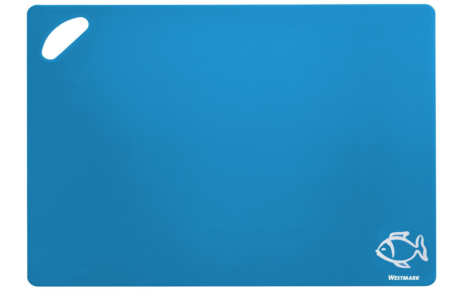 Blue rectangular board with rounded corners, oval handle cutout at top left, and white fish logo with the word "WESTMARK" at bottom right
