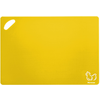 Yellow rectangular cutting board with rounded corners, hanging hole at top left, and a white chicken logo with text at bottom right