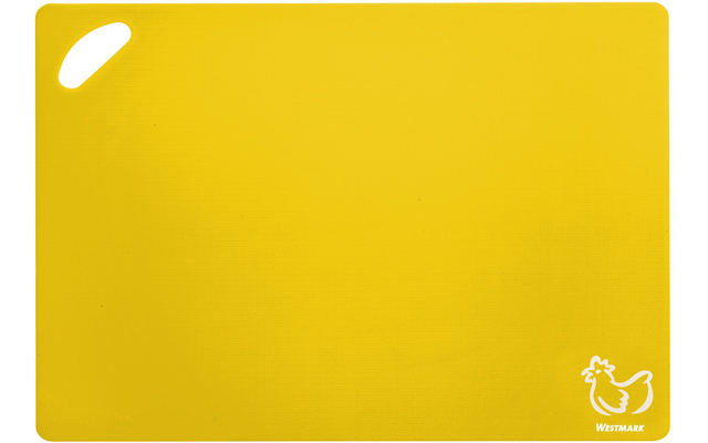 Yellow rectangular cutting board with rounded corners, hanging hole at top left, and a white chicken logo with text at bottom right