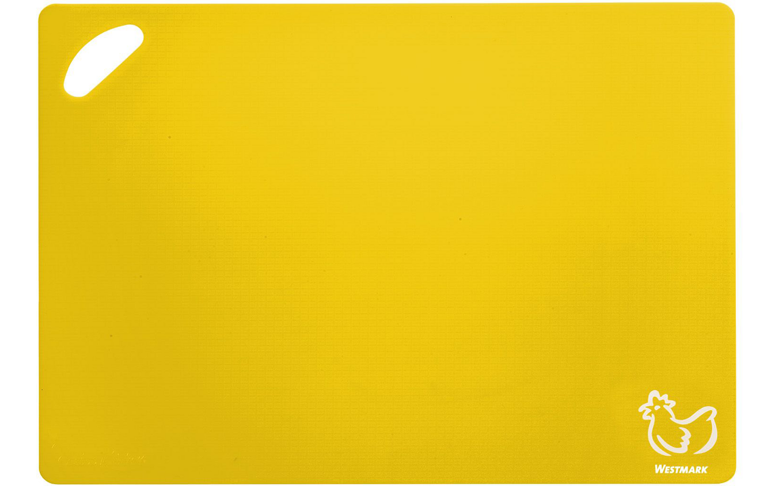 Yellow rectangular cutting board with rounded corners, hanging hole at top left, and a white chicken logo with text at bottom right