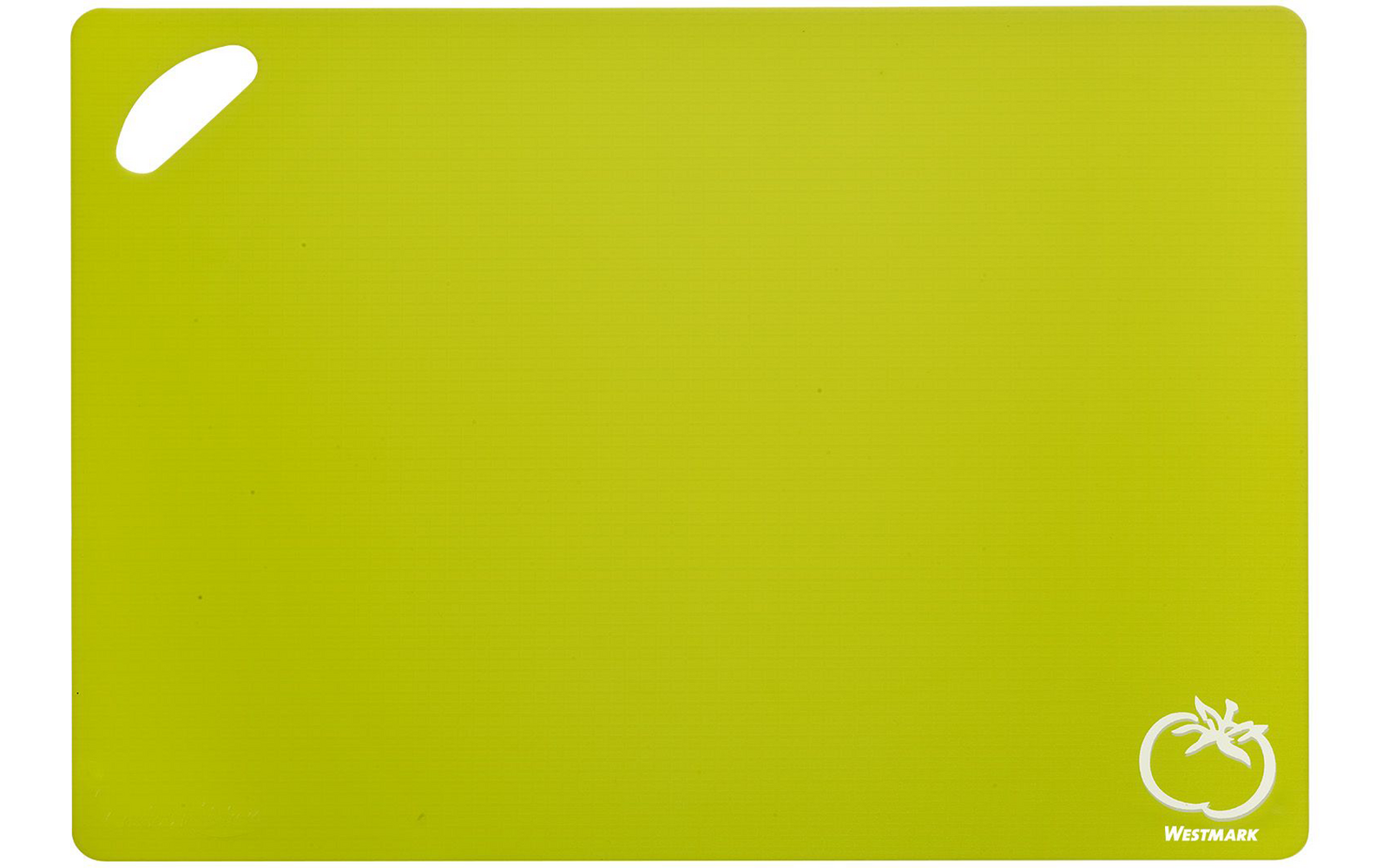 Green rectangular cutting board with rounded corners, oval handle hole at top left, and white tomato logo with 'Westmark' text at bottom right