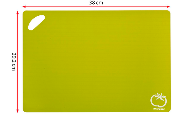 Rectangular light yellow-green board with rounded corners, glossy highlight top-left, white Westmark logo bottom-right; red dimension arrows showing '38 cm' (top) and '29,2 cm' (left)