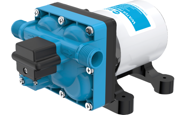 Weißes zylindrisches Gehäuse mit blauem rechteckigem Frontteil, zwei runden Formen auf der Vorderseite, mehreren silbernen Schrauben, schwarzem rechteckigem Bauteil vorne, zwei seitlichen zylindrischen Anschlussstutzen und zwei schwarzen Befestigungs