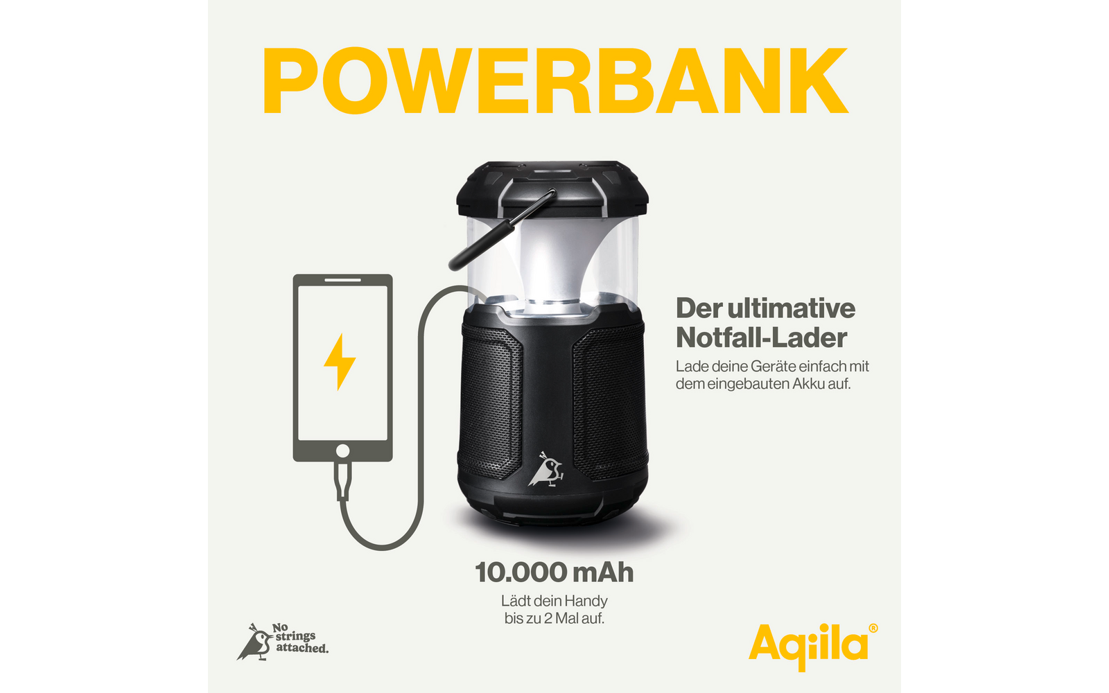 Zwarte powerbank met ingebouwde lamp en USB-kabel, naast een smartphone met batterij-indicator