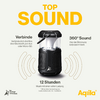 Zwarte draadloze speaker met labels voor functies zoals Top Sound, 12 uur afspeeltijd en 360 graden geluid