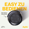 Close-up van een zwarte draaiknop met de tekst 'easy zu bedienen' in gele letters