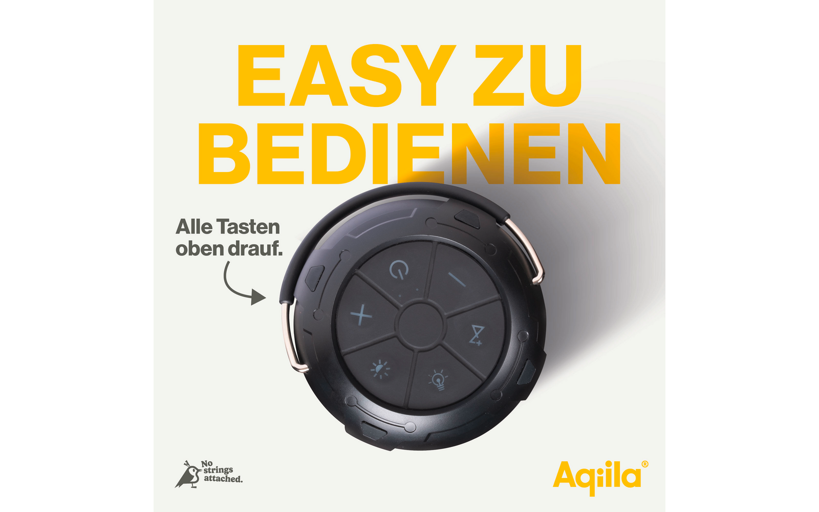 Close-up van een zwarte draaiknop met de tekst 'easy zu bedienen' in gele letters