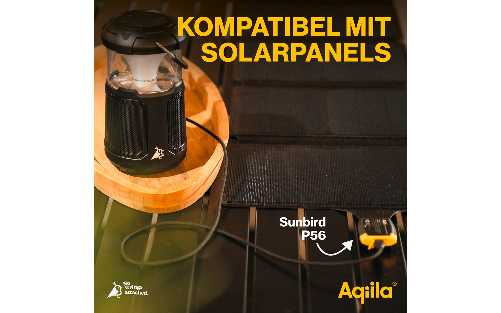 Zonnepaneel op zwarte achtergrond met tekst 'Compatibel met zonnepanelen'