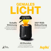 Zwarte luidspreker met gele tekst ‚Geniales Licht‘ en beschrijving van functies