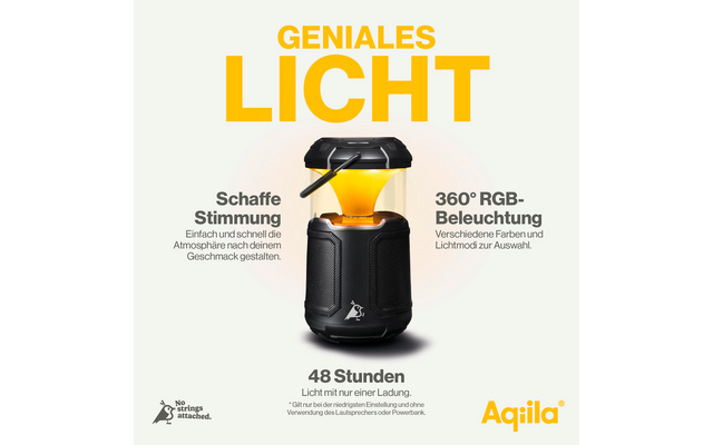 Zwarte luidspreker met gele tekst ‚Geniales Licht‘ en beschrijving van functies