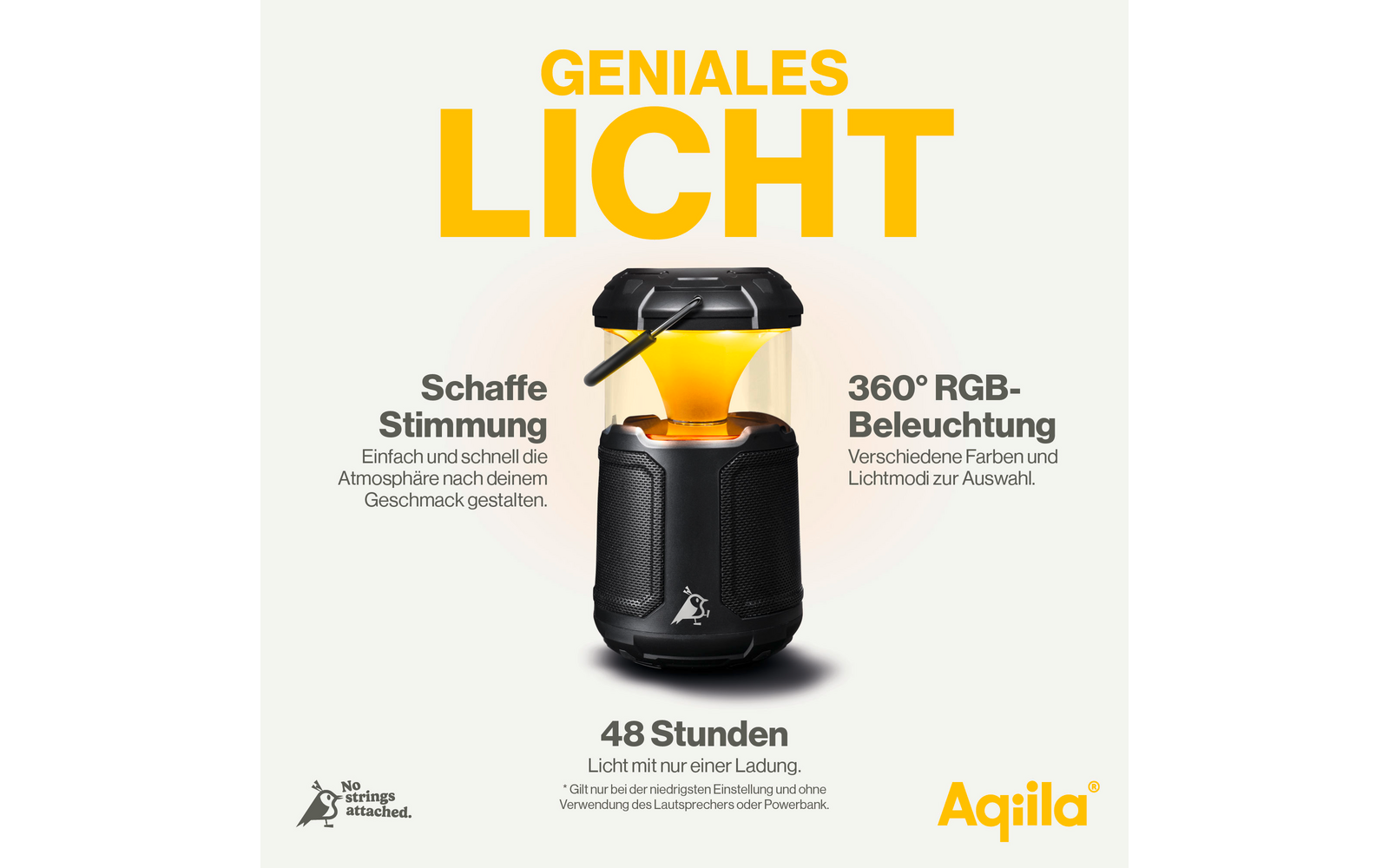 Zwarte luidspreker met gele tekst ‚Geniales Licht‘ en beschrijving van functies