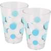Two clear drinking glasses with turquoise polka dots