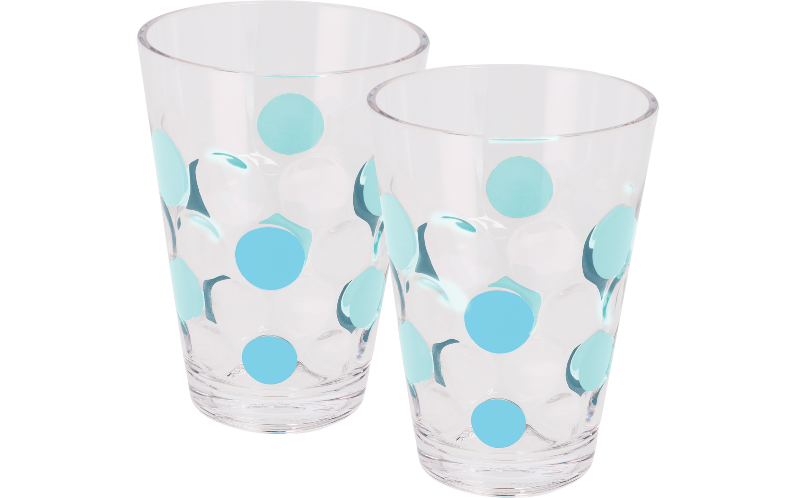 Two clear drinking glasses with turquoise polka dots