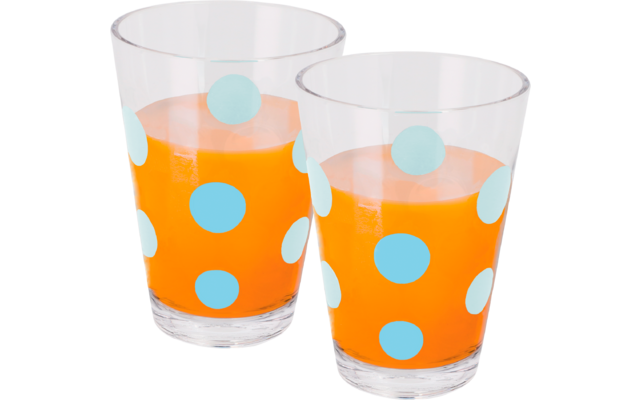 Two clear glasses with orange liquid and light blue polka dots