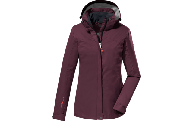 Bordeauxfarbene Kapuzenjacke, Vorderansicht, Reißverschluss, lange Ärmel, weißer Hintergrund