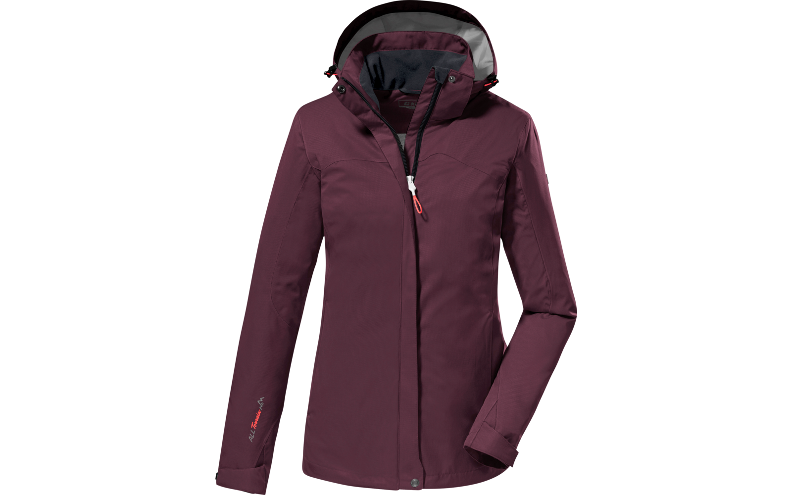 Bordeauxfarbene Kapuzenjacke, Vorderansicht, Reißverschluss, lange Ärmel, weißer Hintergrund