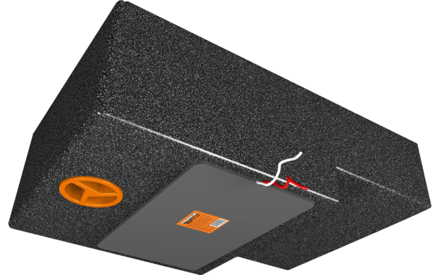 Schwarz-grauer rechteckiger Schaumstoffblock mit orangefarbener runder Öffnung links, grauem rechteckigem Einsatz mit orangefarbener Kennzeichnung unten und zwei sichtbaren roten und weißen Kabeln