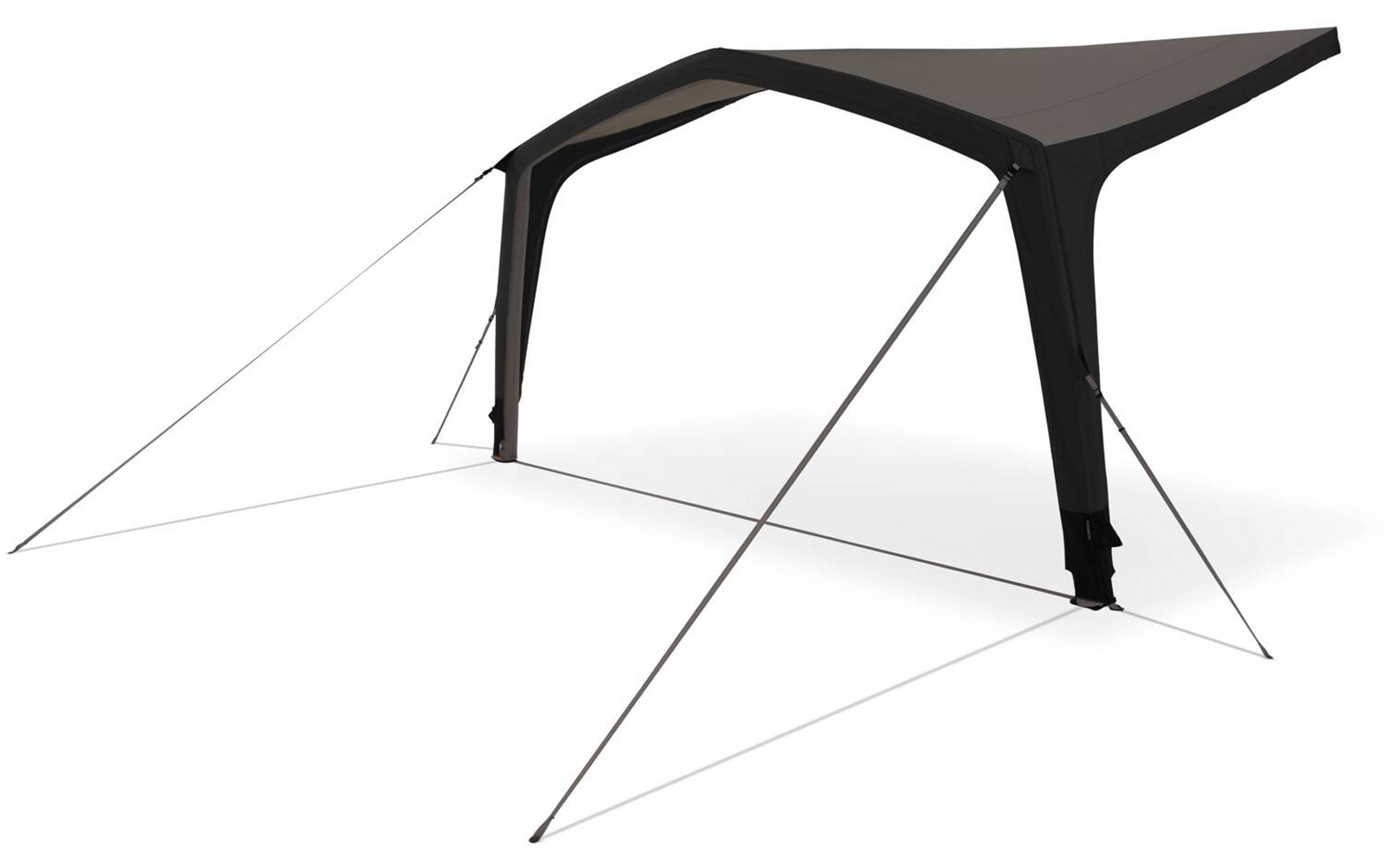 Dunkelgraues rechteckiges Tuch auf zwei vertikalen Stützen mit abgespannten Seilen, isoliert auf weißem Hintergrund